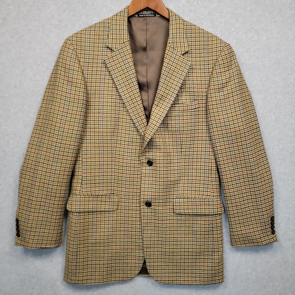 Vtg Lands End Sport Coat Blazer Jacket Men's 40L Tan Houndstooth Lambswool 90s